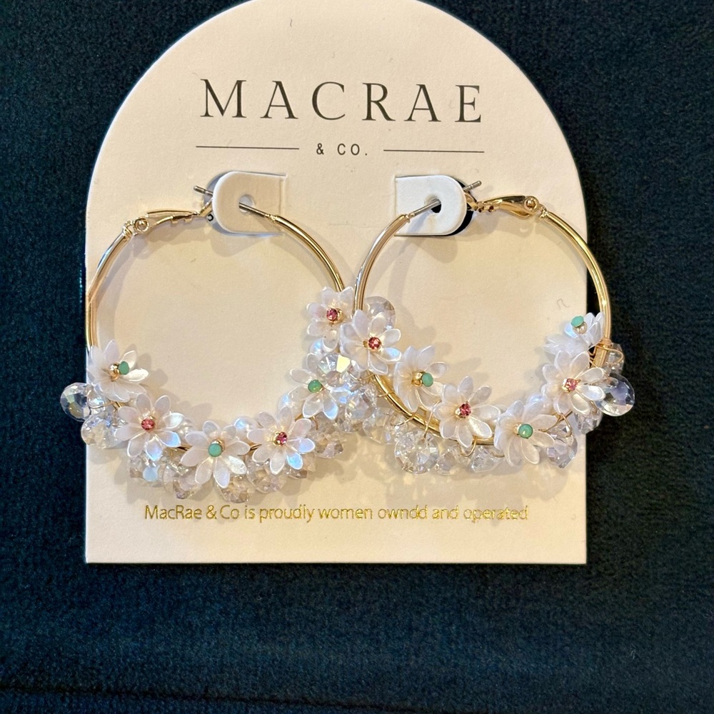 White Floral Crystal & Pearl Hoop Earrings NWT